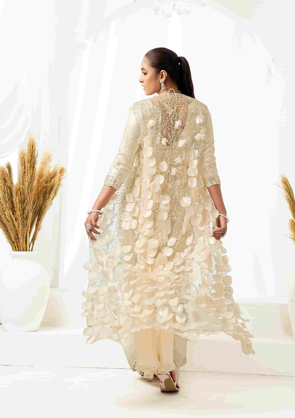 Ready-to-Wear Cream Two Tone Satin Silk Designer Saree with Sequins, Bead Embroidery & Appliqué Work for Wedding & Reception