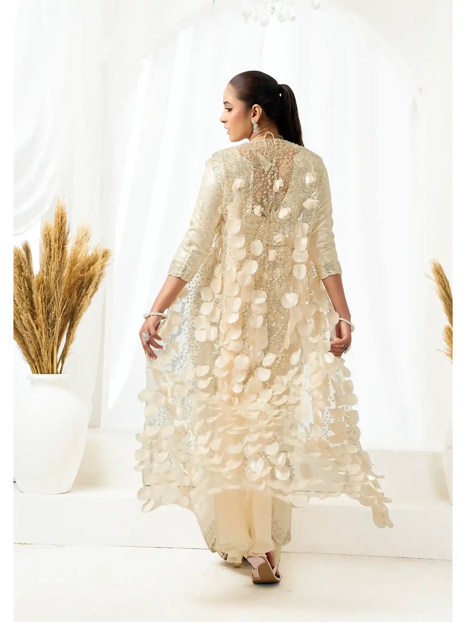 Champagne Two Tone Satin Silk Sequins & Applique Work Ready to Wear Saree - View 1
