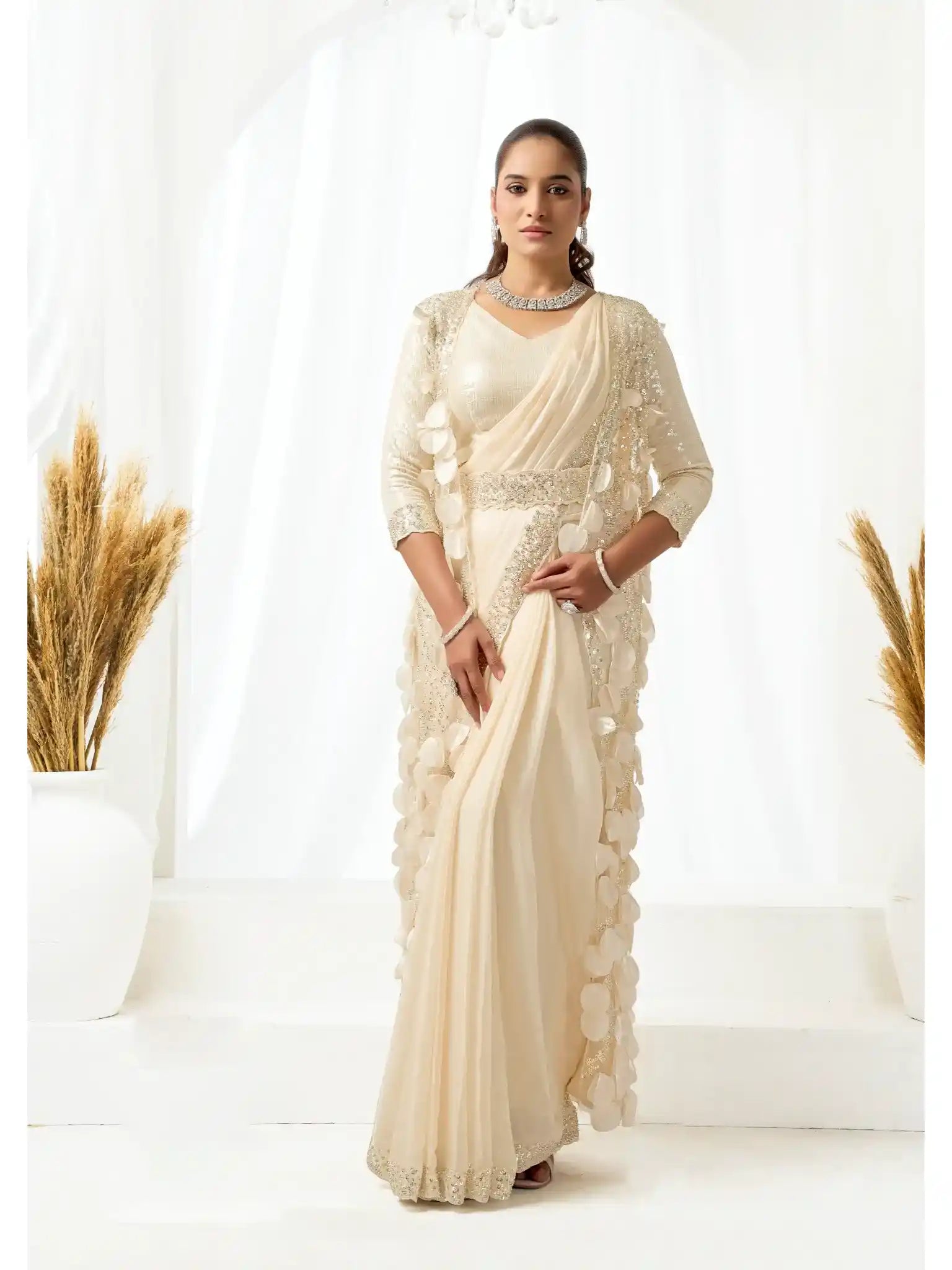 Champagne Two Tone Satin Silk Sequins & Applique Work Ready to Wear Saree - View 2