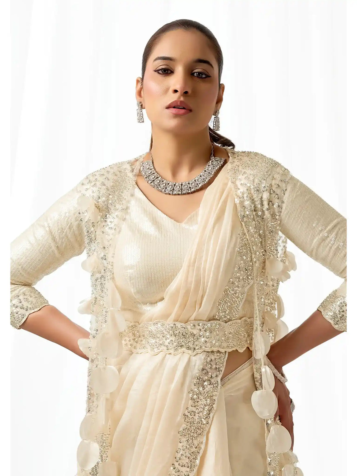 Champagne Two Tone Satin Silk Sequins & Applique Work Ready to Wear Saree - View 3