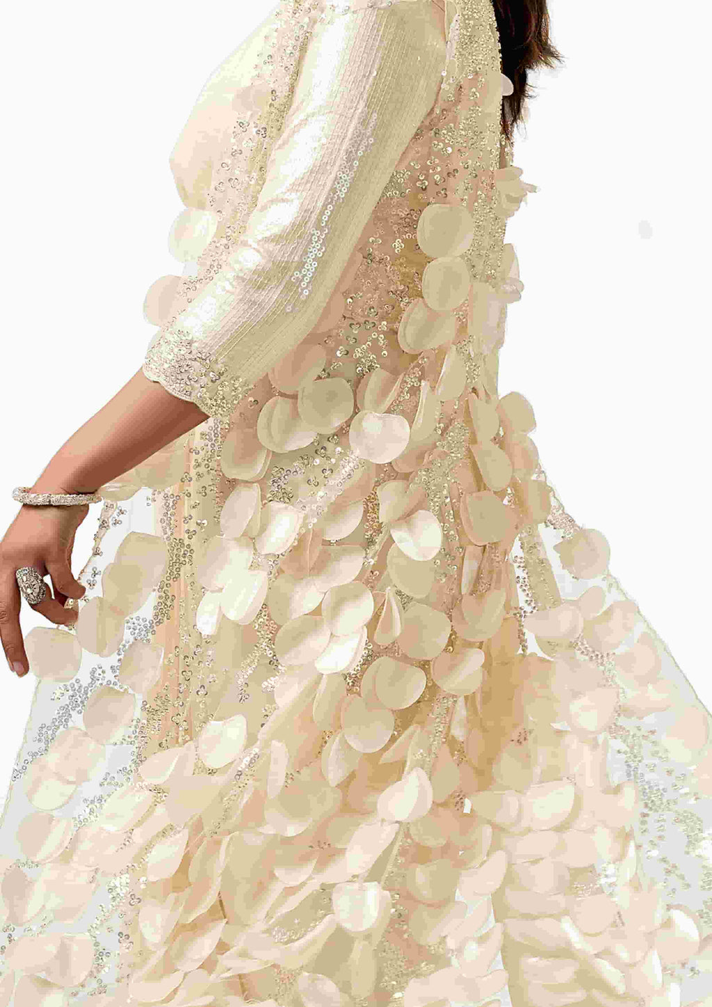 Ready-to-Wear Cream Two Tone Satin Silk Designer Saree with Sequins, Bead Embroidery & Appliqué Work for Wedding & Reception