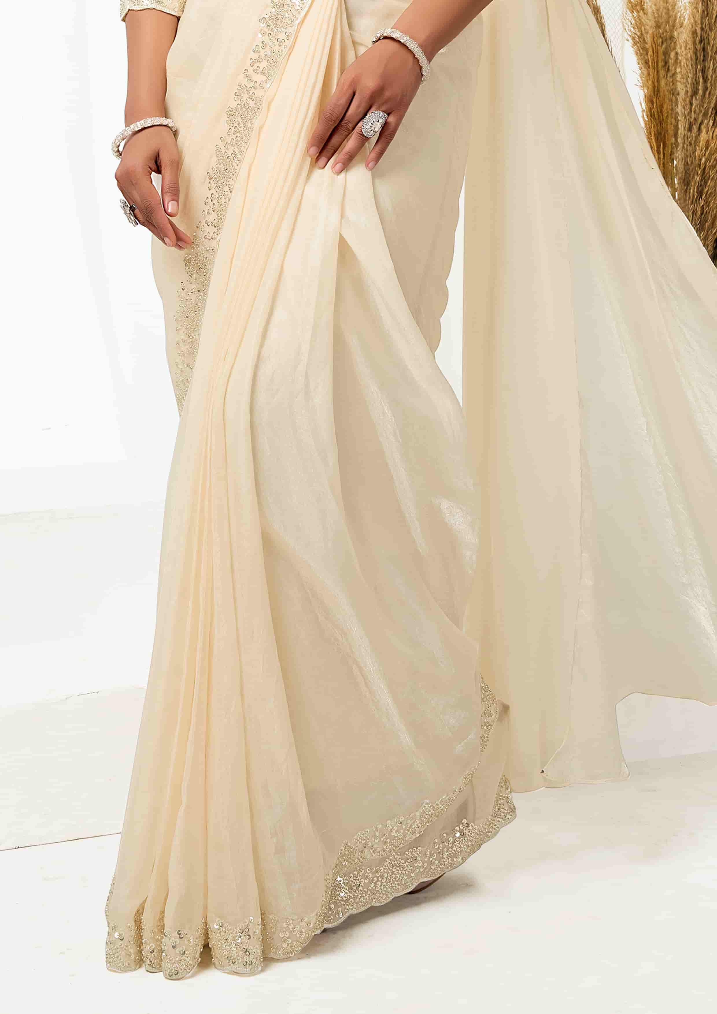 Ready-to-Wear Cream Two Tone Satin Silk Designer Saree with Sequins, Bead Embroidery & Appliqué Work for Wedding & Reception