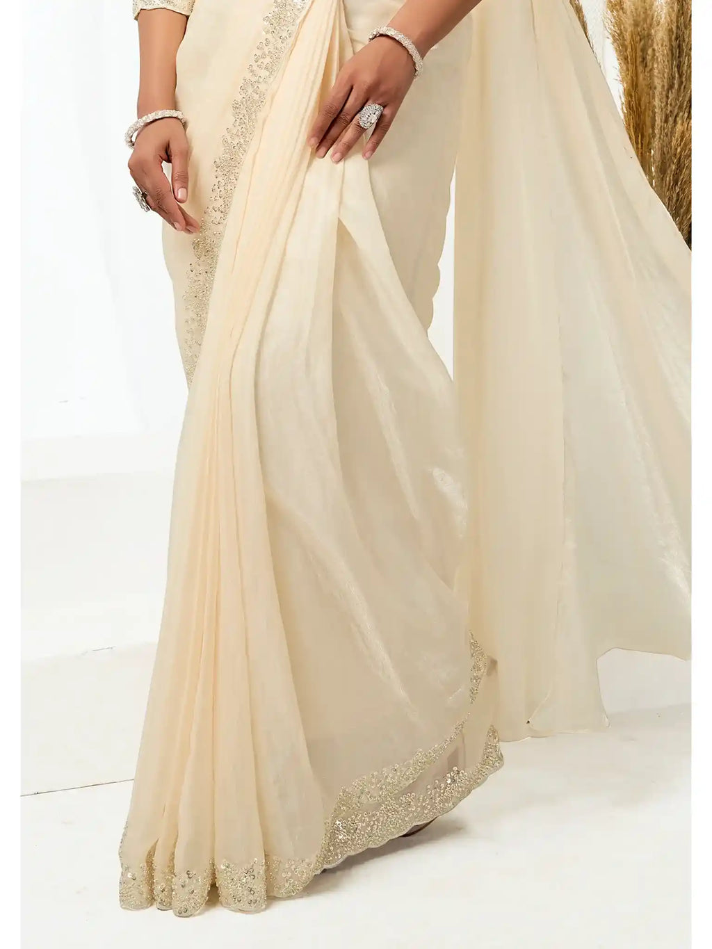 Champagne Two Tone Satin Silk Sequins & Applique Work Ready to Wear Saree - View 7