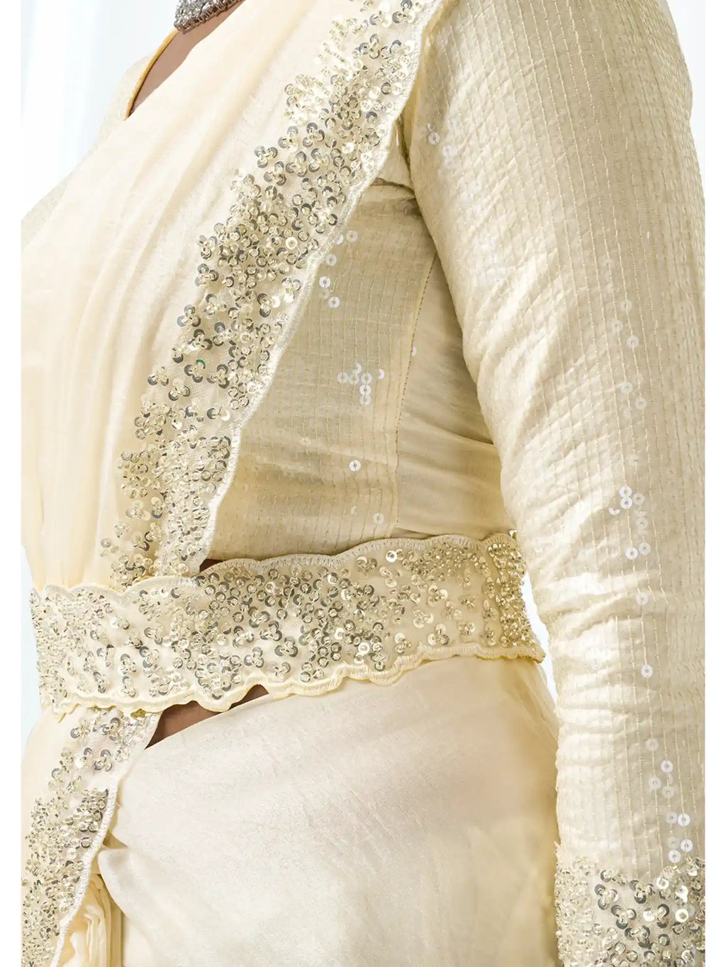 Champagne Two Tone Satin Silk Sequins & Applique Work Ready to Wear Saree - View 8