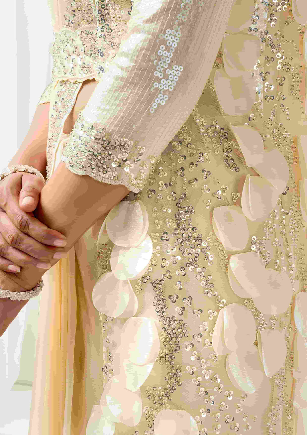 Ready-to-Wear Cream Two Tone Satin Silk Designer Saree with Sequins, Bead Embroidery & Appliqué Work for Wedding & Reception