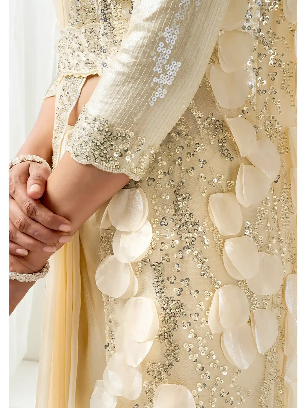 Champagne Two Tone Satin Silk Sequins & Applique Work Ready to Wear Saree - View 9