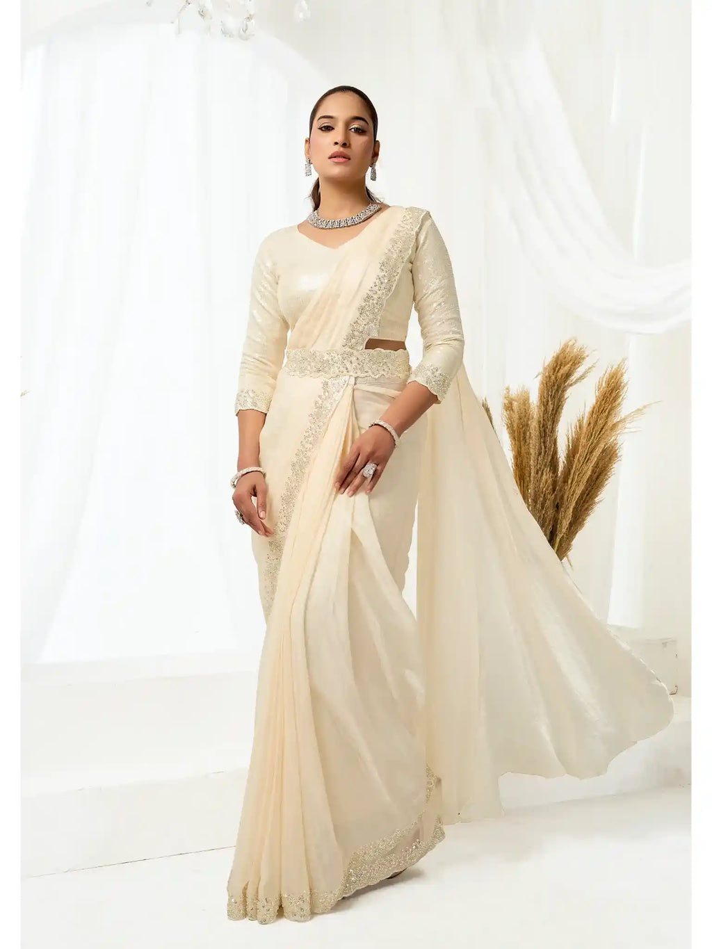 Champagne Two Tone Satin Silk Sequins & Applique Work Ready to Wear Saree - View 10