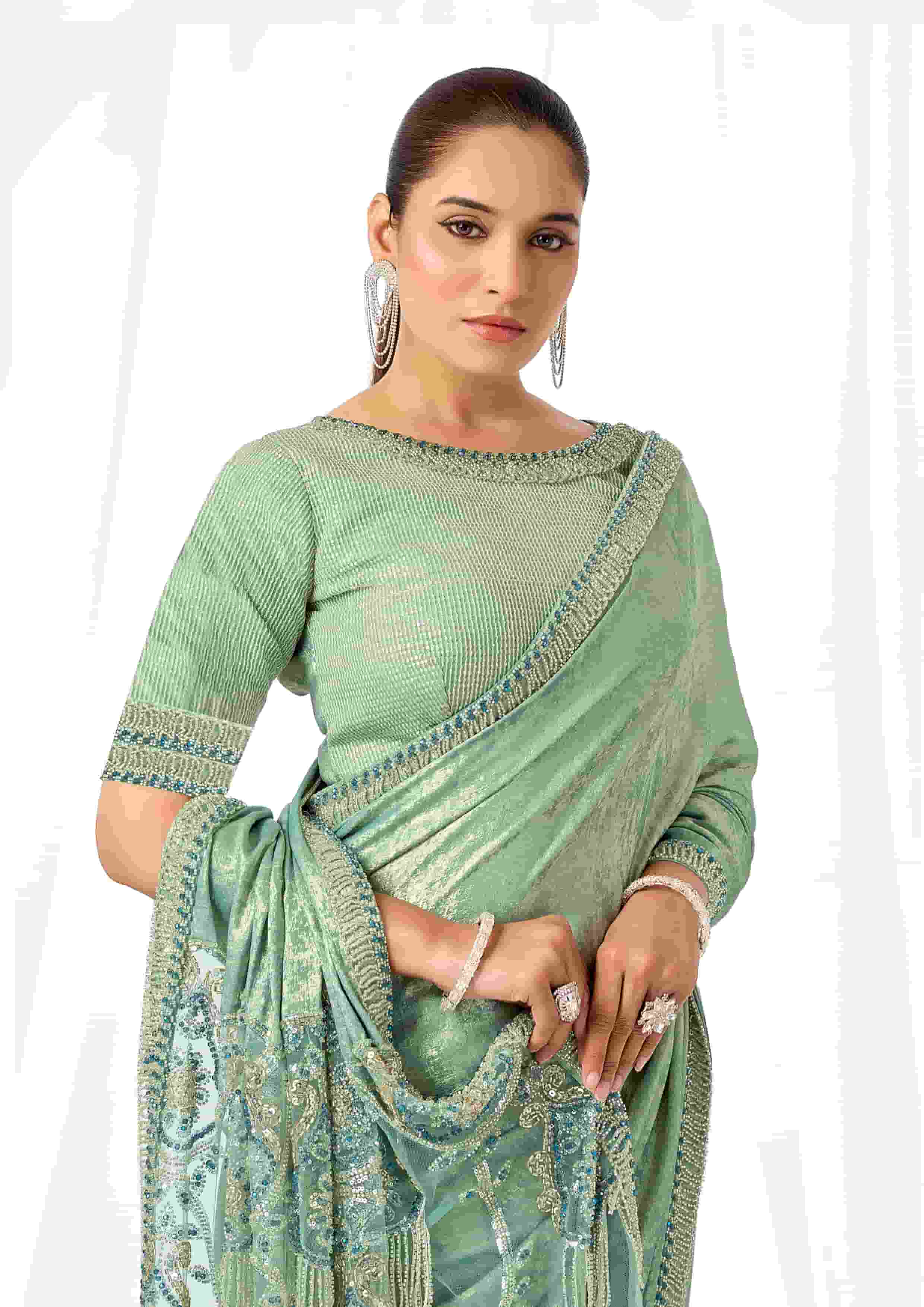 Sea Green Metallic Lustrous Satin Silk Designer Saree for Wedding, Reception & Party Wear