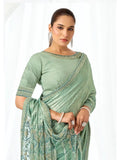Mint Green Metallic Lustrous Satin Silk Sequin & Crystal Detailing Saree - View 1