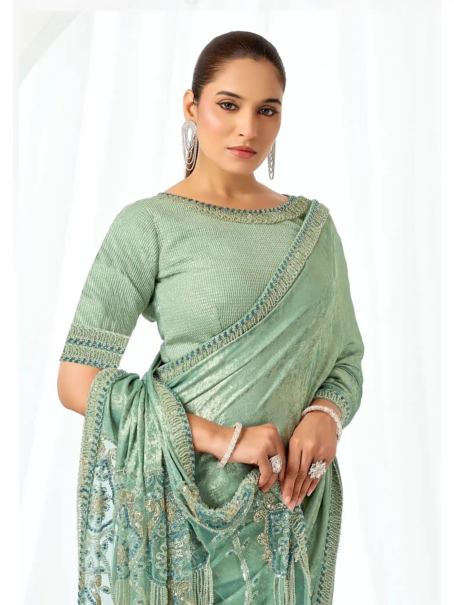 Mint Green Metallic Lustrous Satin Silk Sequin & Crystal Detailing Saree - View 1