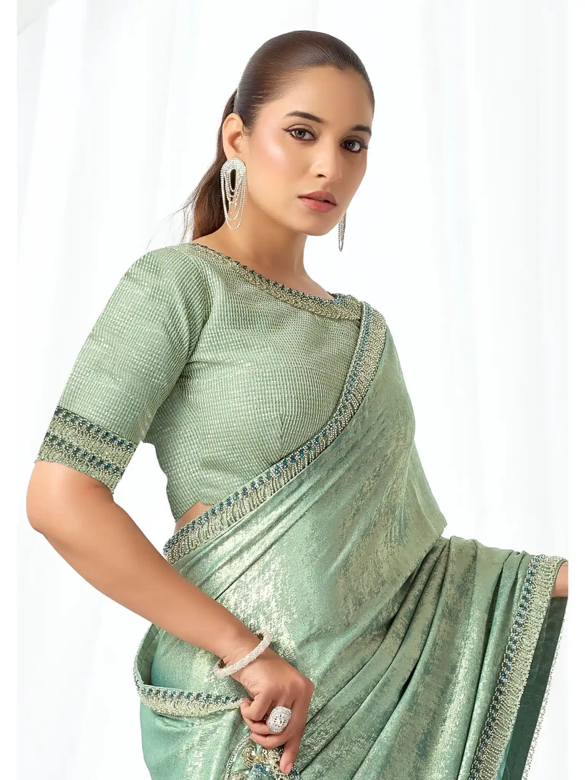 Mint Green Metallic Lustrous Satin Silk Sequin & Crystal Detailing Saree - View 2