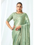 Mint Green Metallic Lustrous Satin Silk Sequin & Crystal Detailing Saree - View 4