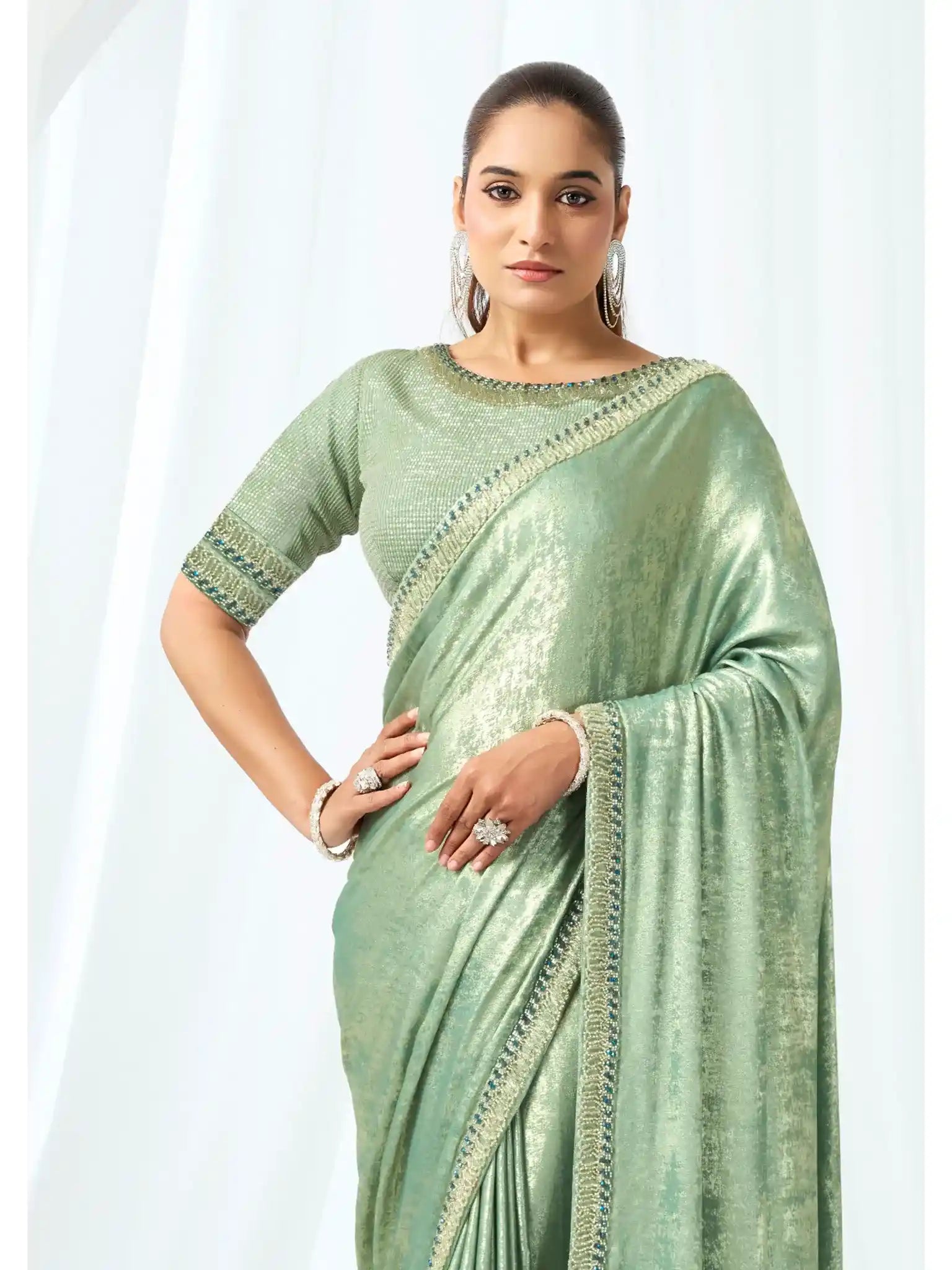 Mint Green Metallic Lustrous Satin Silk Sequin & Crystal Detailing Saree - View 4