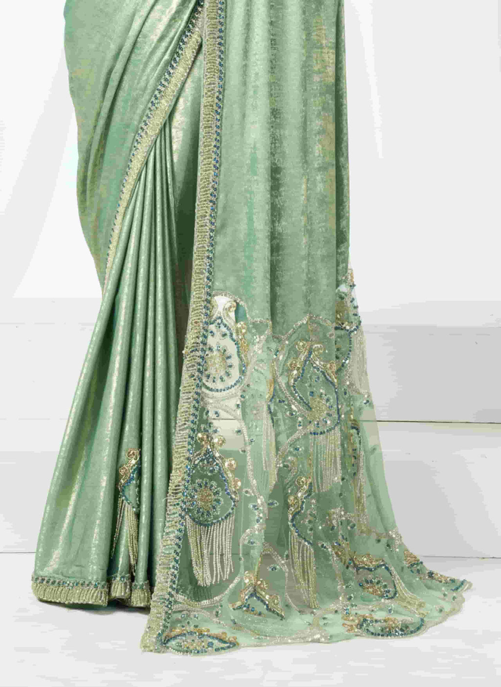 Sea Green Metallic Lustrous Satin Silk Designer Saree for Wedding, Reception & Party Wear
