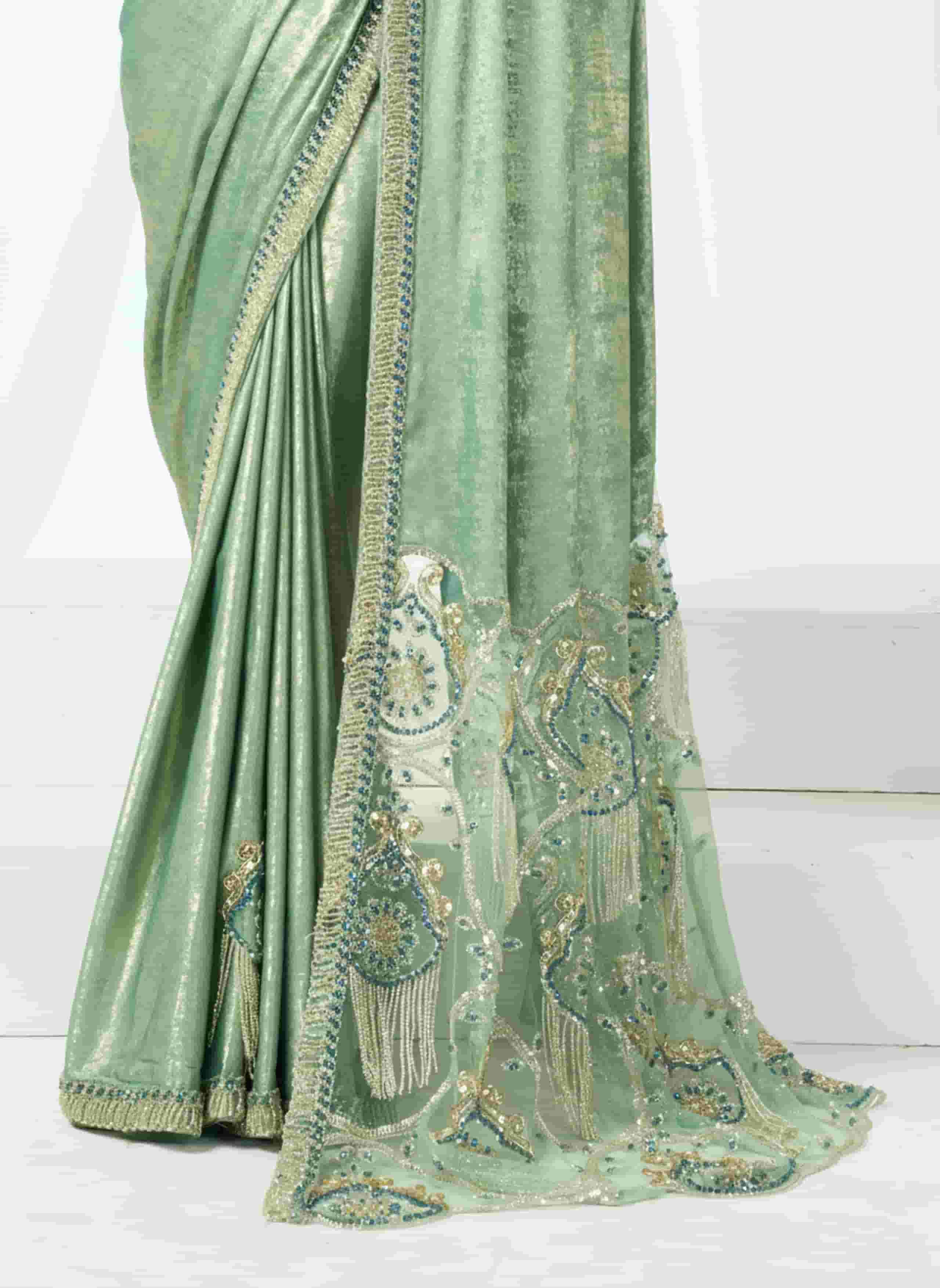 Sea Green Metallic Lustrous Satin Silk Designer Saree for Wedding, Reception & Party Wear