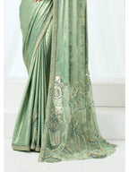 Mint Green Metallic Lustrous Satin Silk Sequin & Crystal Detailing Saree - View 5