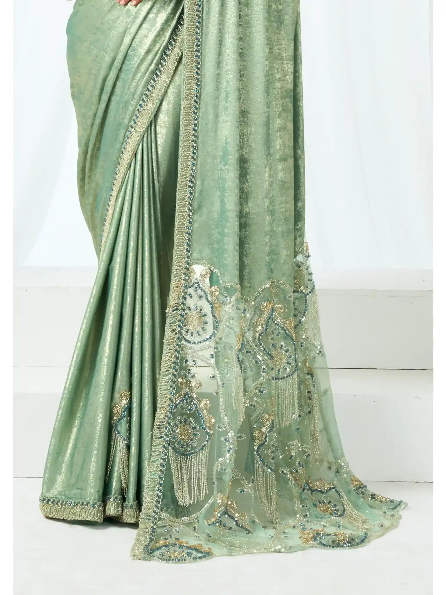 Mint Green Metallic Lustrous Satin Silk Sequin & Crystal Detailing Saree - View 5
