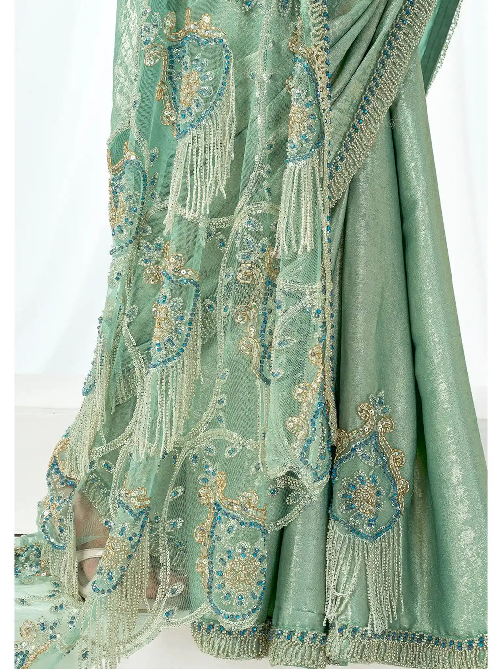 Mint Green Metallic Lustrous Satin Silk Sequin & Crystal Detailing Saree - View 6