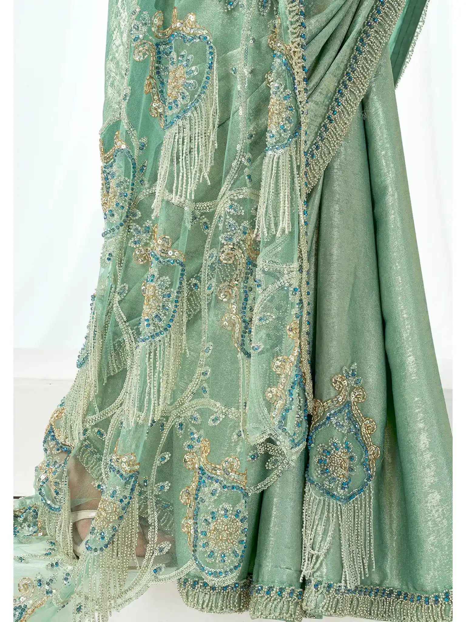 Mint Green Metallic Lustrous Satin Silk Sequin & Crystal Detailing Saree - View 6
