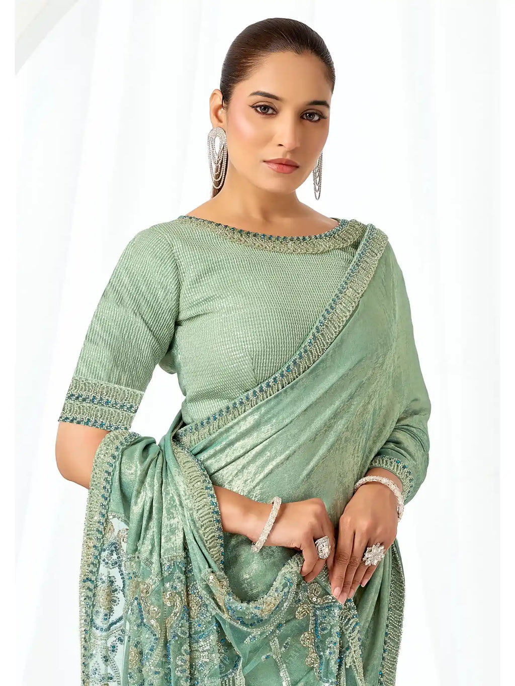 Mint Green Metallic Lustrous Satin Silk Sequin & Crystal Detailing Saree - View 7