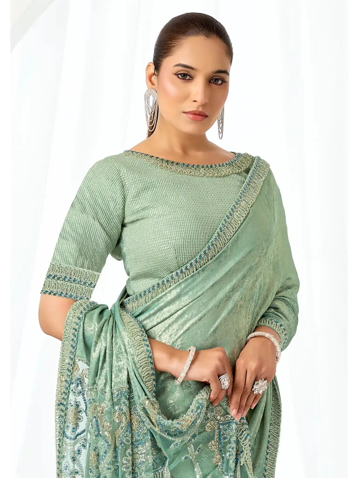 Mint Green Metallic Lustrous Satin Silk Sequin & Crystal Detailing Saree - View 7