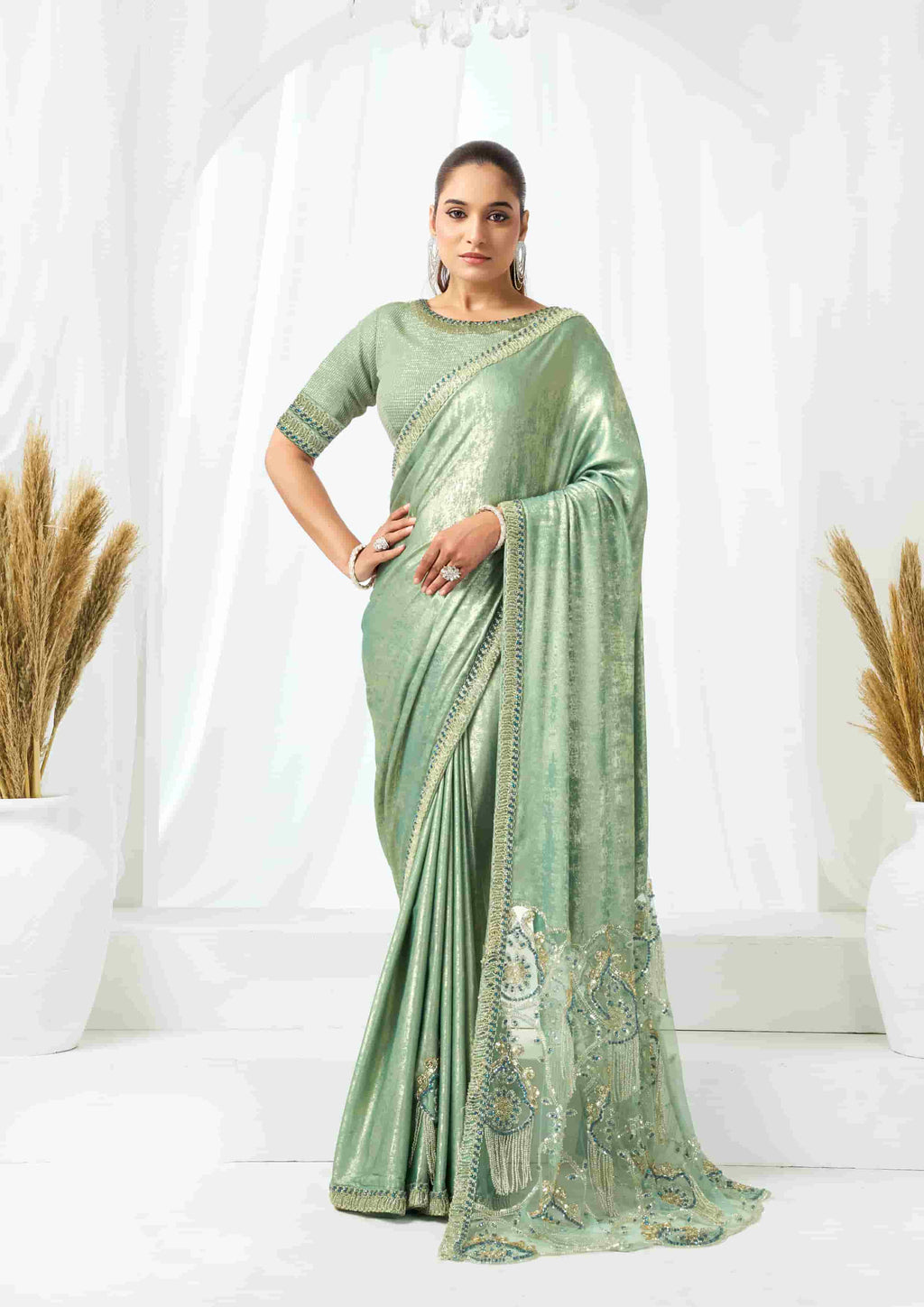 Sea Green Metallic Lustrous Satin Silk Designer Saree for Wedding, Reception & Party Wear