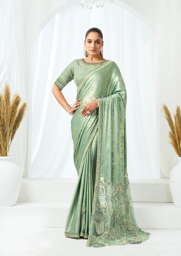Mint Green Metallic Lustrous Satin Silk Sequin & Crystal Detailing Saree