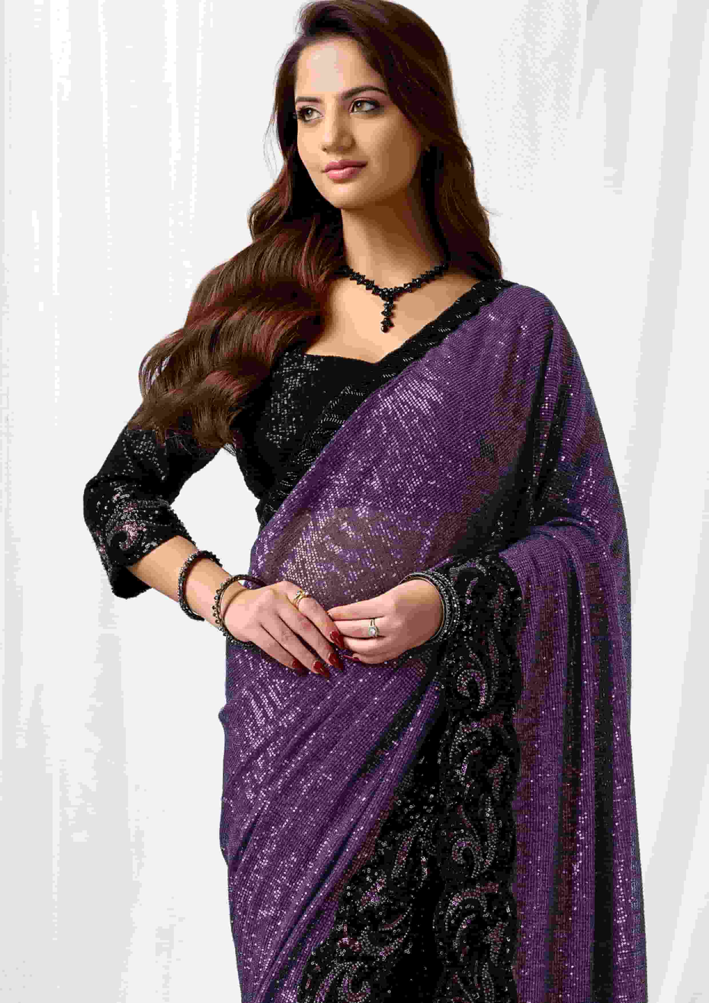 Deep Purple Heavy Mono Net Designer Saree for Wedding, Reception & Party Wear