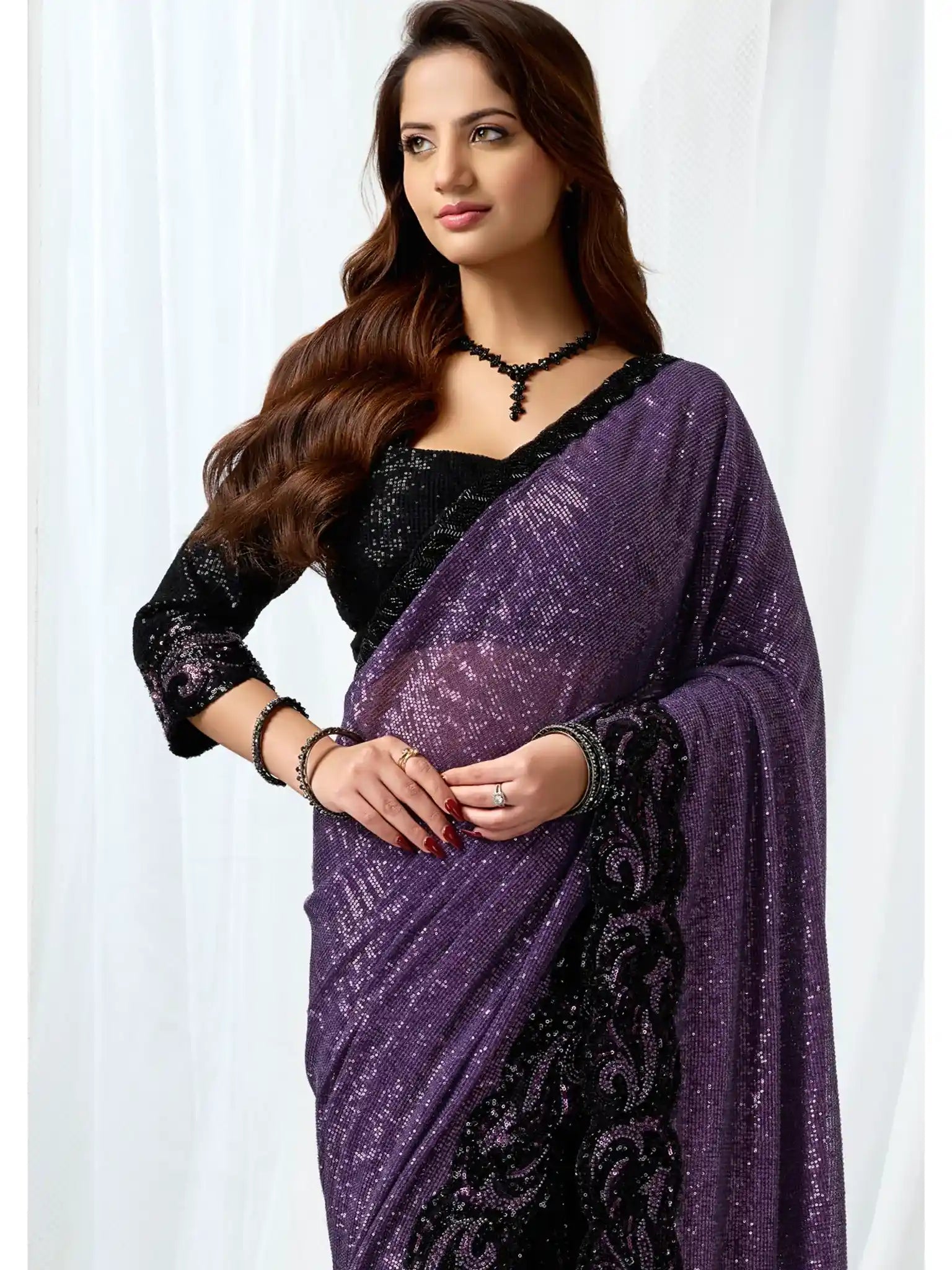 Purple Heavy Mono Net Dual Sequins & Beads Saree - View 1