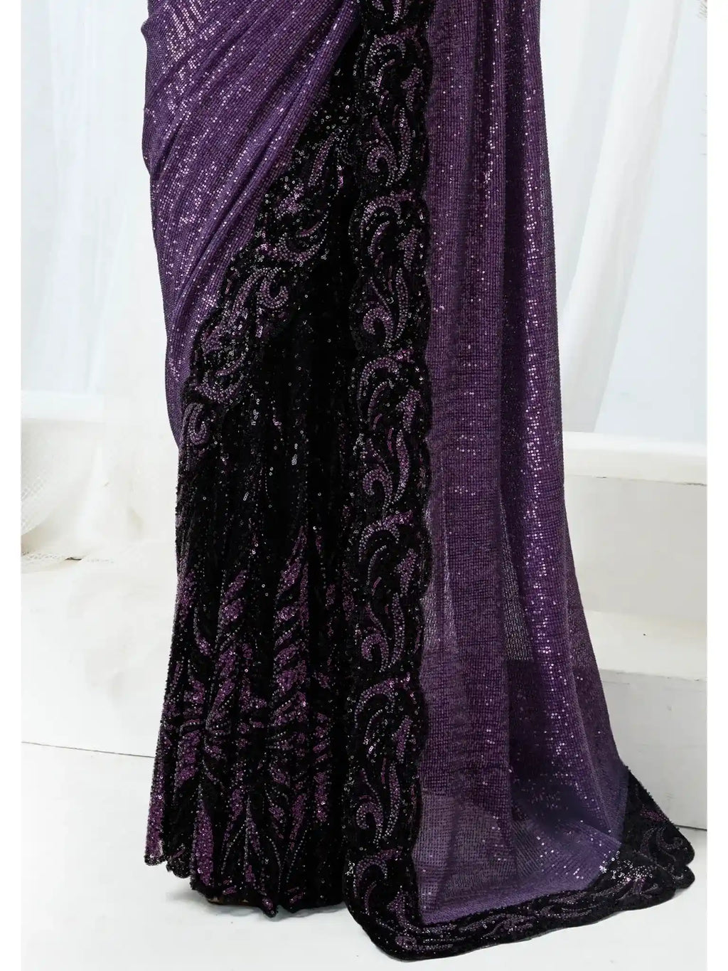 Purple Heavy Mono Net Dual Sequins & Beads Saree - View 4