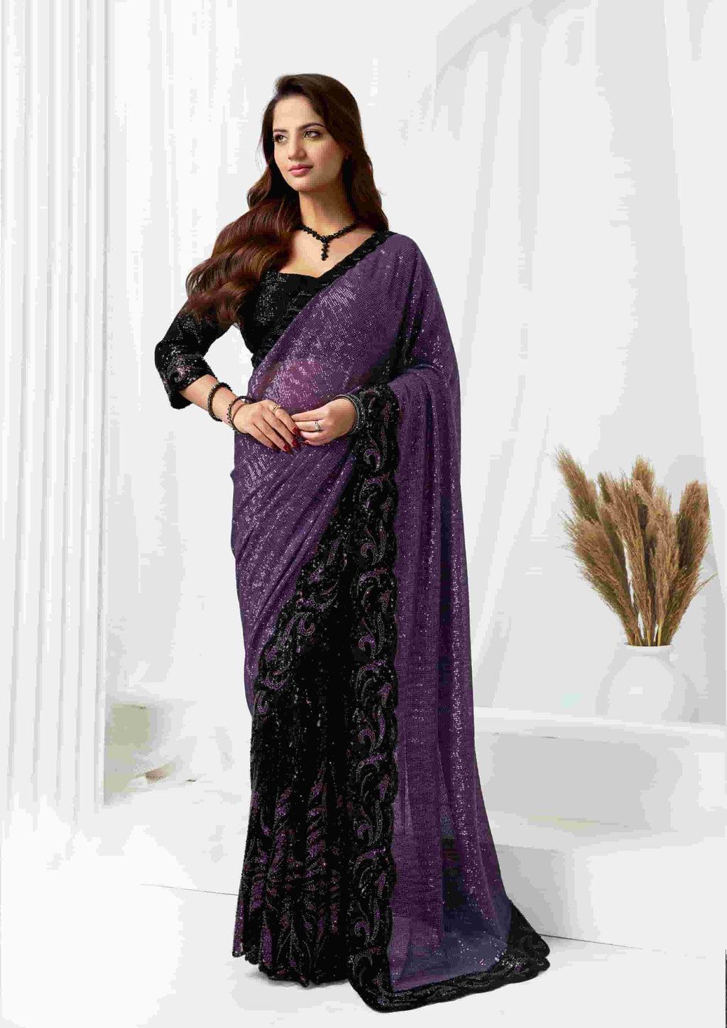 Deep Purple Heavy Mono Net Designer Saree for Wedding, Reception & Party Wear