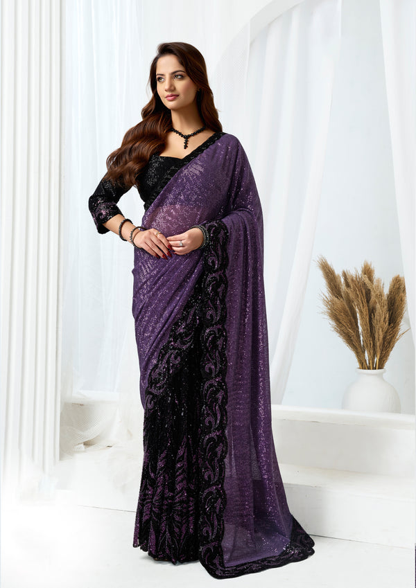 Purple Heavy Mono Net Dual Sequins & Beads Saree