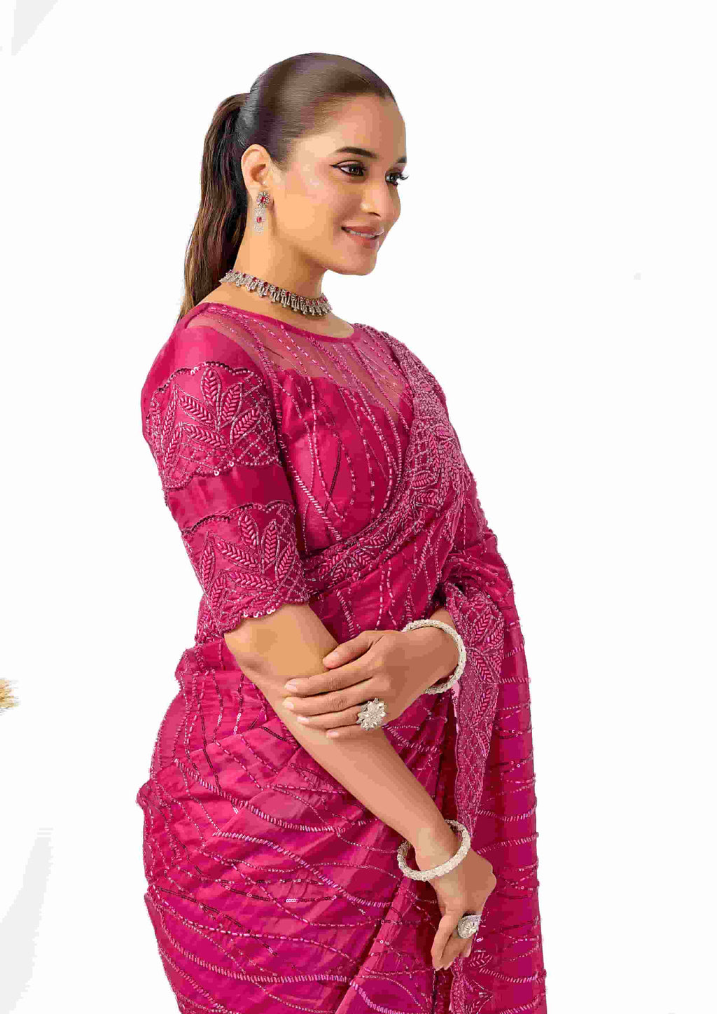 Magenta Heavy Mono Net, Crystal Satin Designer Saree for Wedding, Reception & Party Wear