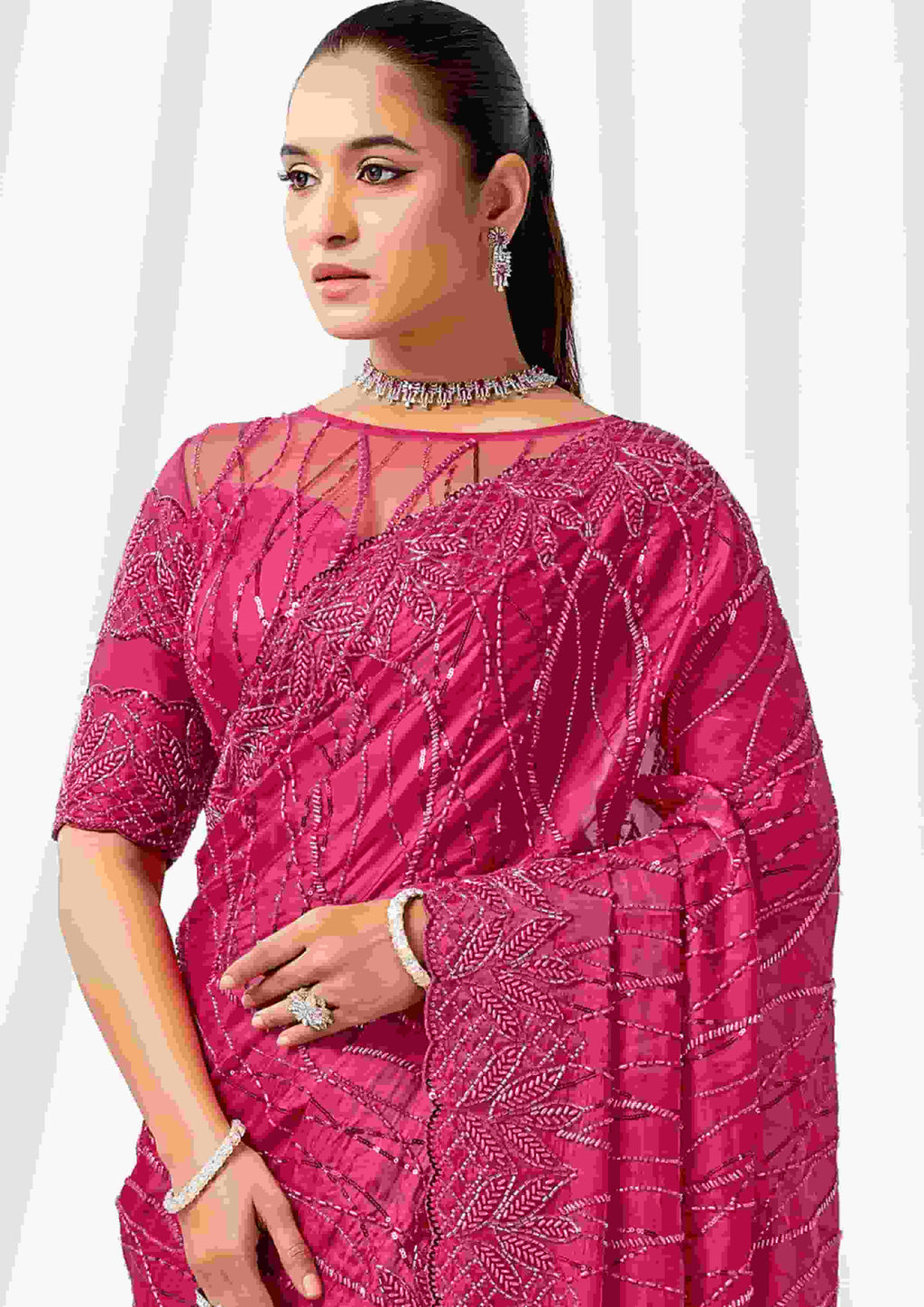 Magenta Heavy Mono Net, Crystal Satin Designer Saree for Wedding, Reception & Party Wear