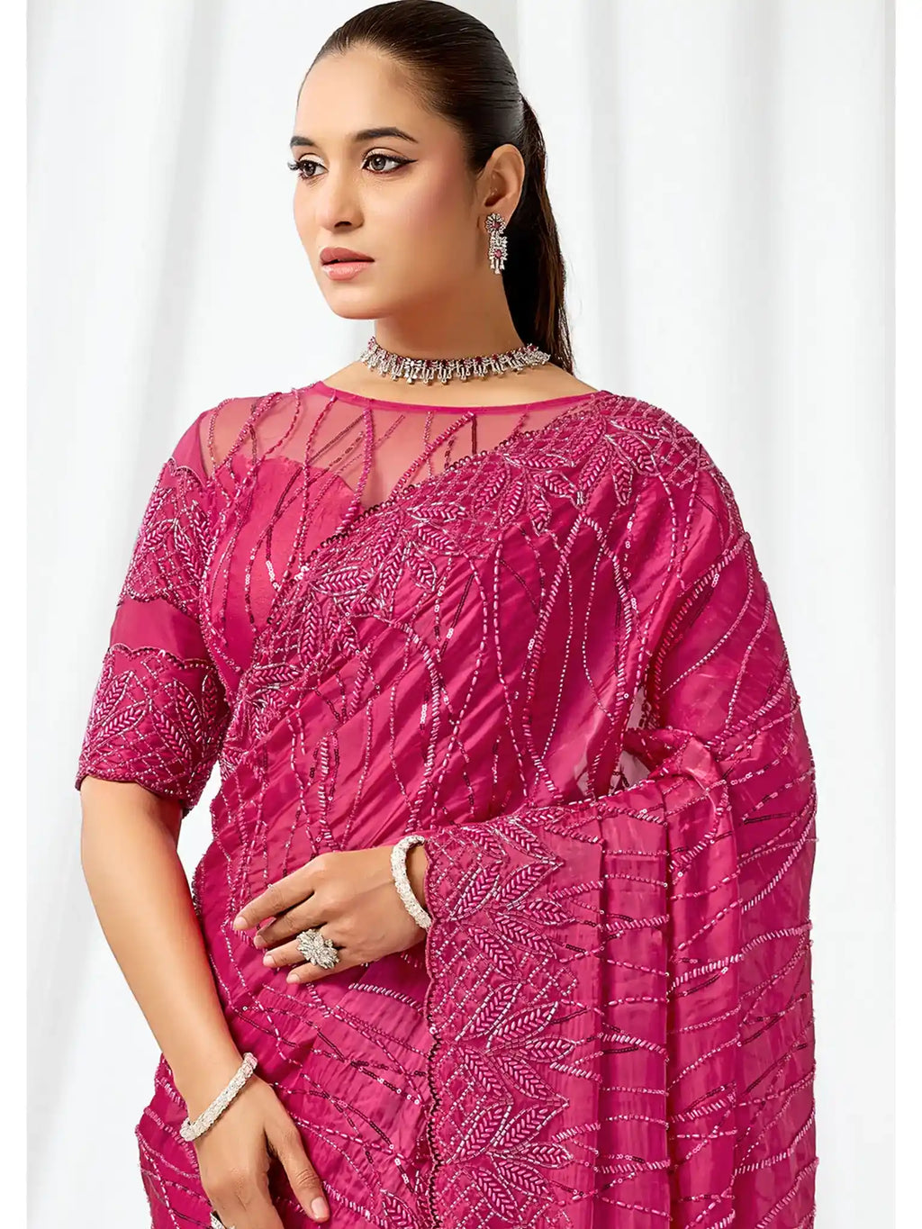 Rani Pink Heavy Mono Net, Crystal Satin Sequins Pearl Jaal Work Saree - View 2