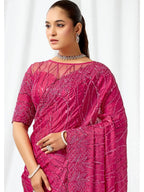 Rani Pink Heavy Mono Net, Crystal Satin Sequins Pearl Jaal Work Saree - View 2