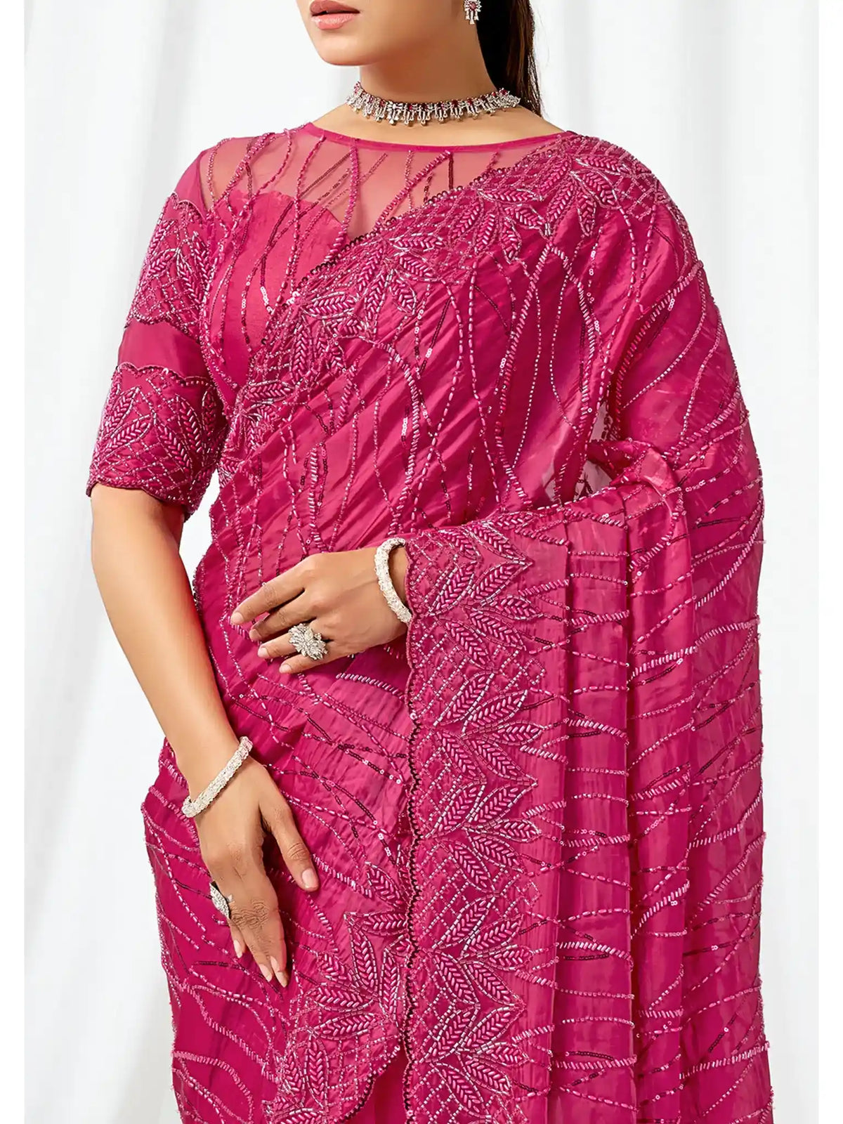 Rani Pink Heavy Mono Net, Crystal Satin Sequins Pearl Jaal Work Saree - View 3