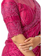 Rani Pink Heavy Mono Net, Crystal Satin Sequins Pearl Jaal Work Saree - View 4
