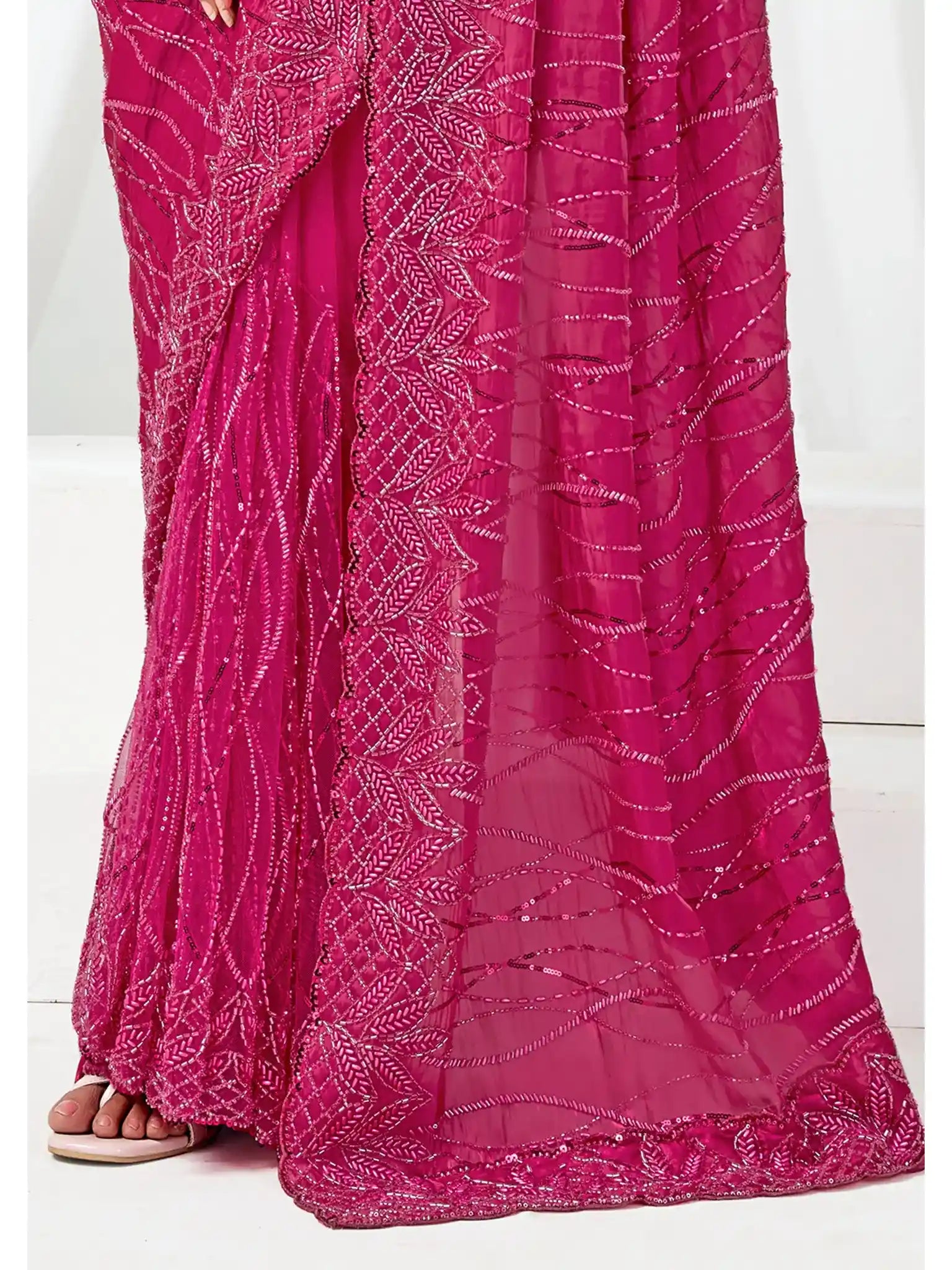 Rani Pink Heavy Mono Net, Crystal Satin Sequins Pearl Jaal Work Saree - View 5