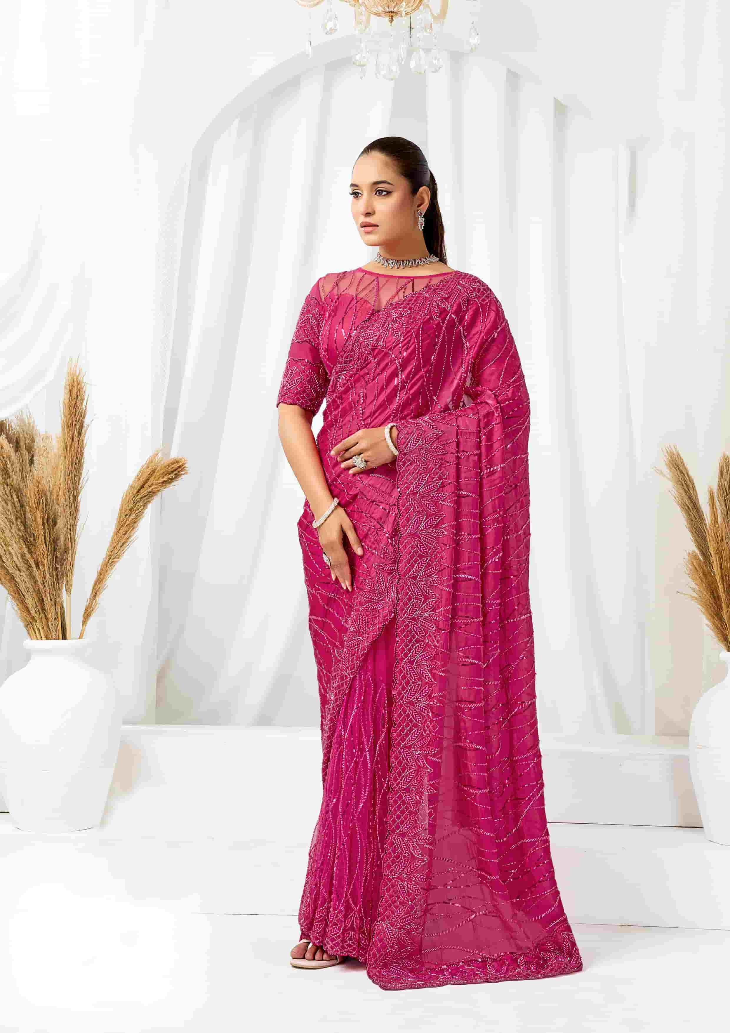 Magenta Heavy Mono Net, Crystal Satin Designer Saree for Wedding, Reception & Party Wear
