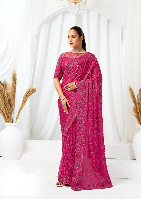 Rani Pink Heavy Mono Net, Crystal Satin Sequins Pearl Jaal Work Saree