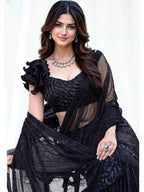 Black Armani Tulle with Stones Pure Beads & Sequin Handwork Ready to Wear Saree - View 1