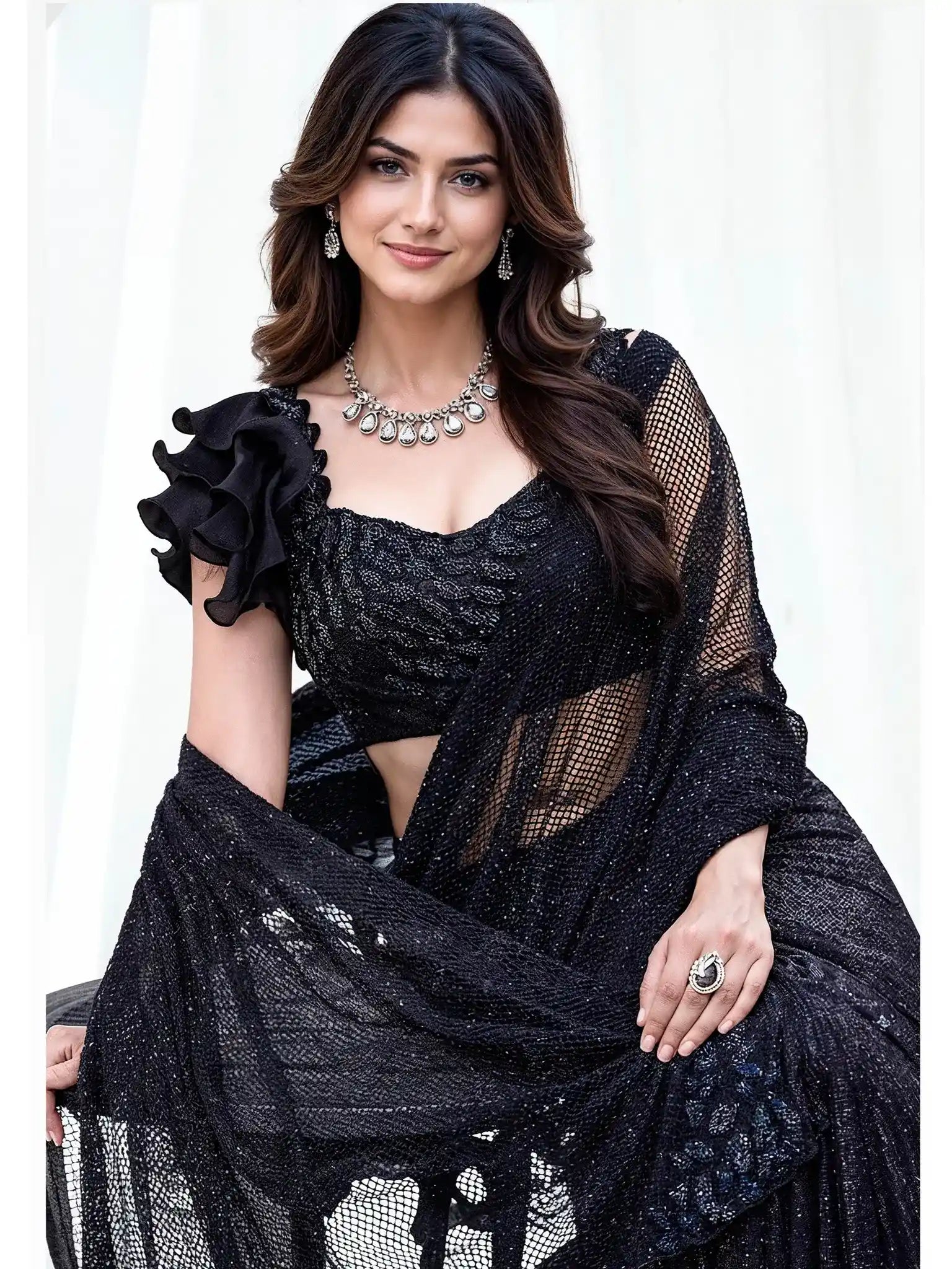 Black Armani Tulle with Stones Pure Beads & Sequin Handwork Ready to Wear Saree - View 1