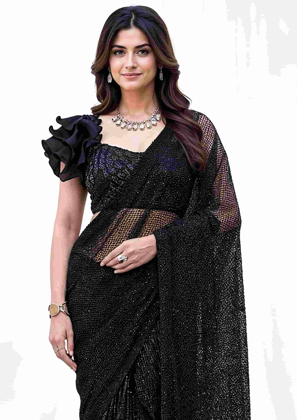 Black Armani Tulle with Stones Designer Saree for Wedding, Reception & Party Wear