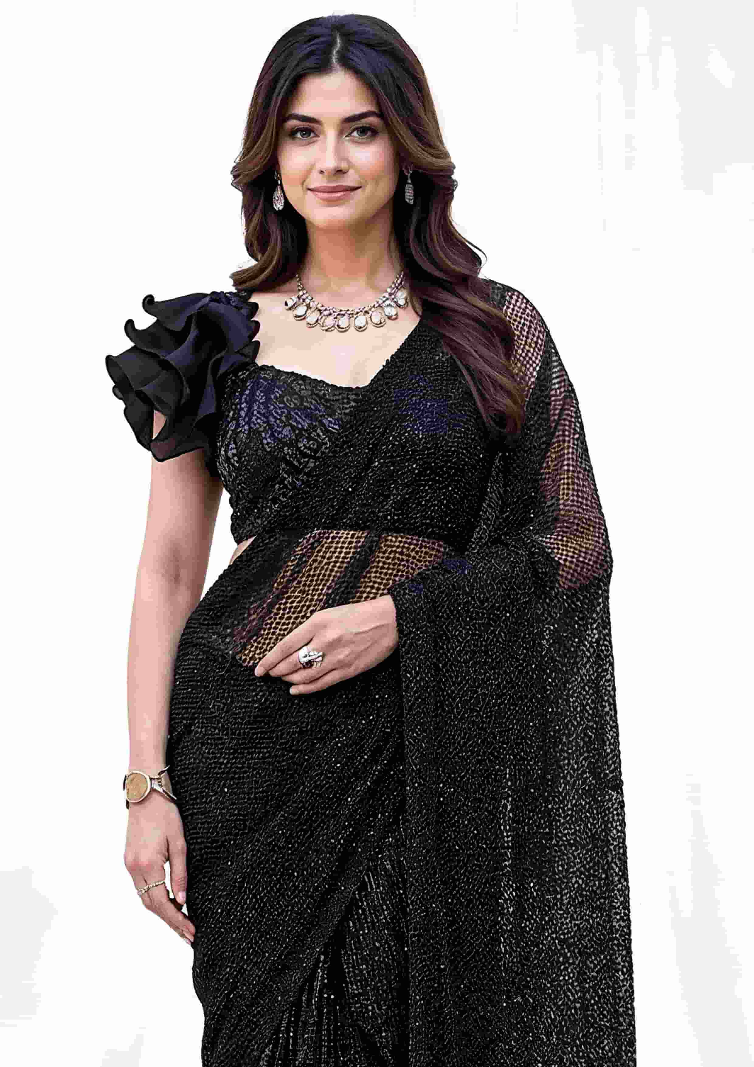 Black Armani Tulle with Stones Designer Saree for Wedding, Reception & Party Wear