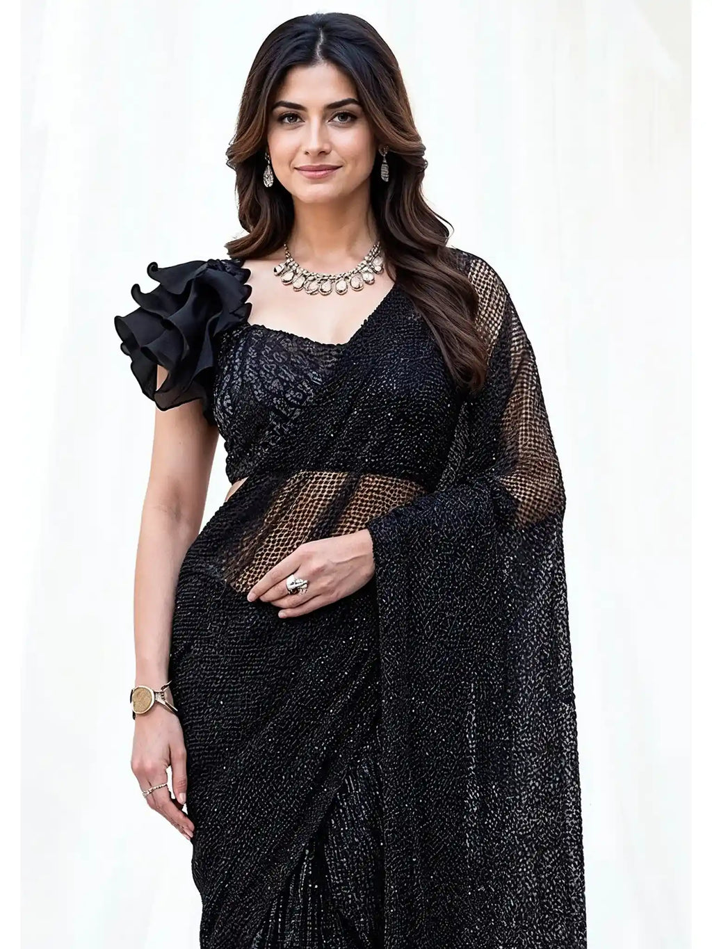 Black Armani Tulle with Stones Pure Beads & Sequin Handwork Ready to Wear Saree - View 2