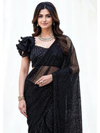 Black Armani Tulle with Stones Pure Beads & Sequin Handwork Ready to Wear Saree - View 2