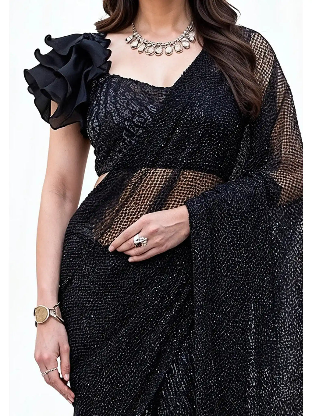 Black Armani Tulle with Stones Pure Beads & Sequin Handwork Ready to Wear Saree - View 3