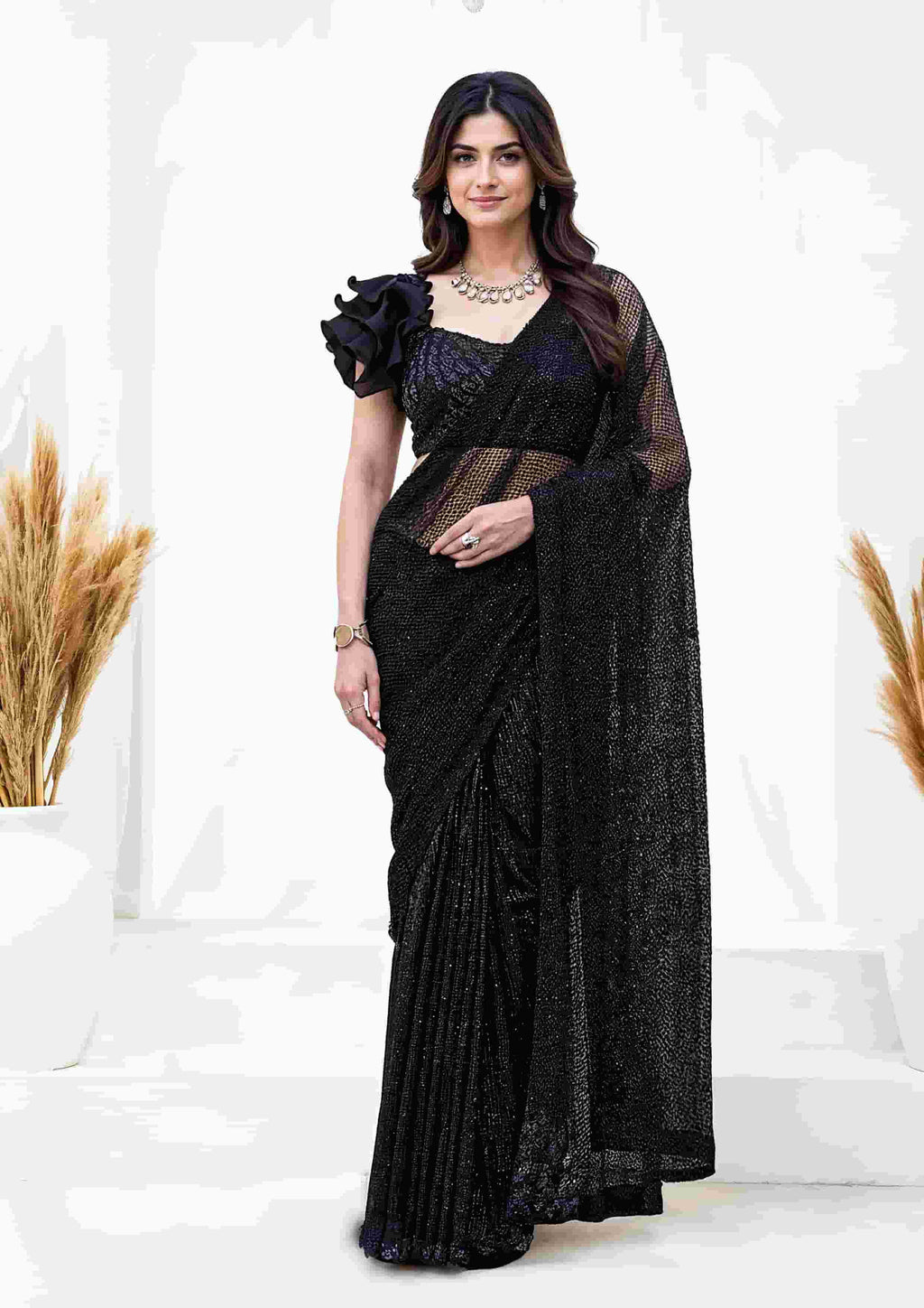 Black Armani Tulle with Stones Designer Saree for Wedding, Reception & Party Wear