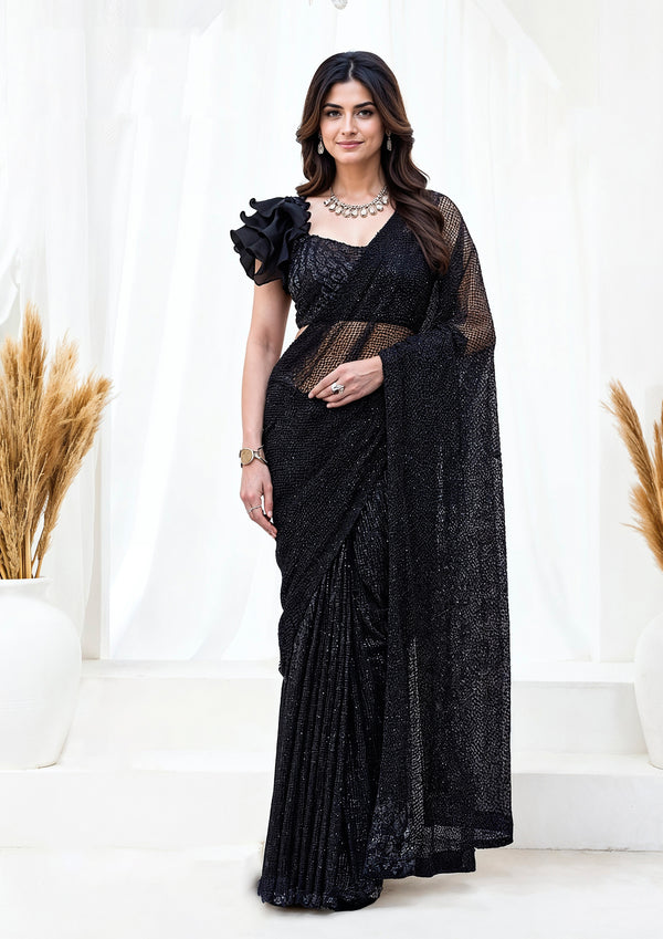 Black Armani Tulle with Stones Pure Beads & Sequin Handwork Ready to Wear Saree